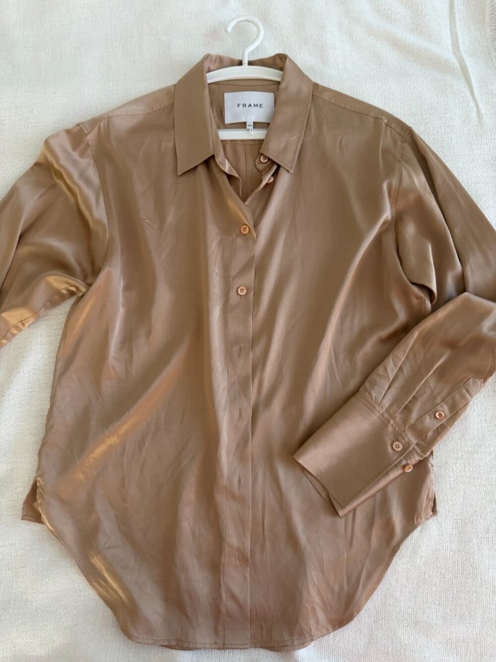 FRAME Silk Blend Button Front Blouse Camel Bronze Long Sleeve Shirt Size M